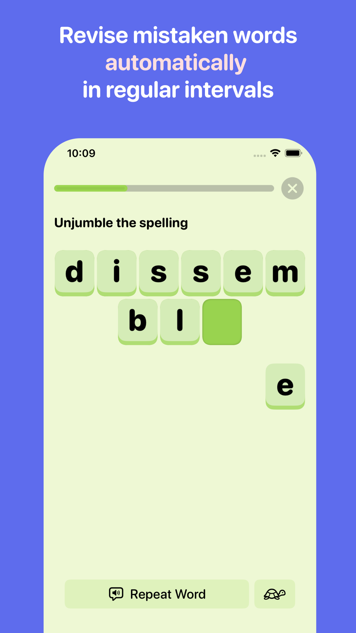 Beezone smart review exercise for a previously missed spelling word