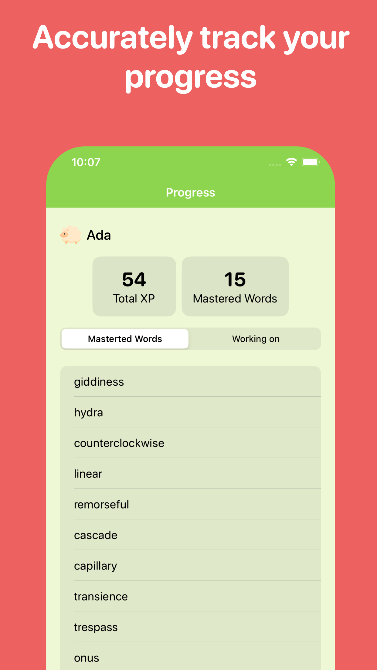 Beezone progress screen showing mastered and working-on words