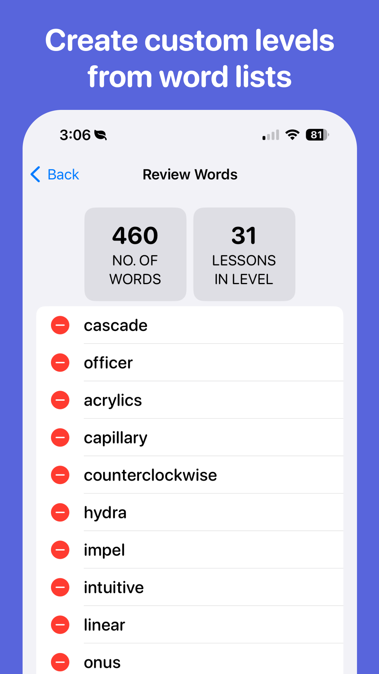 Beezone custom spelling level created from a school word list
