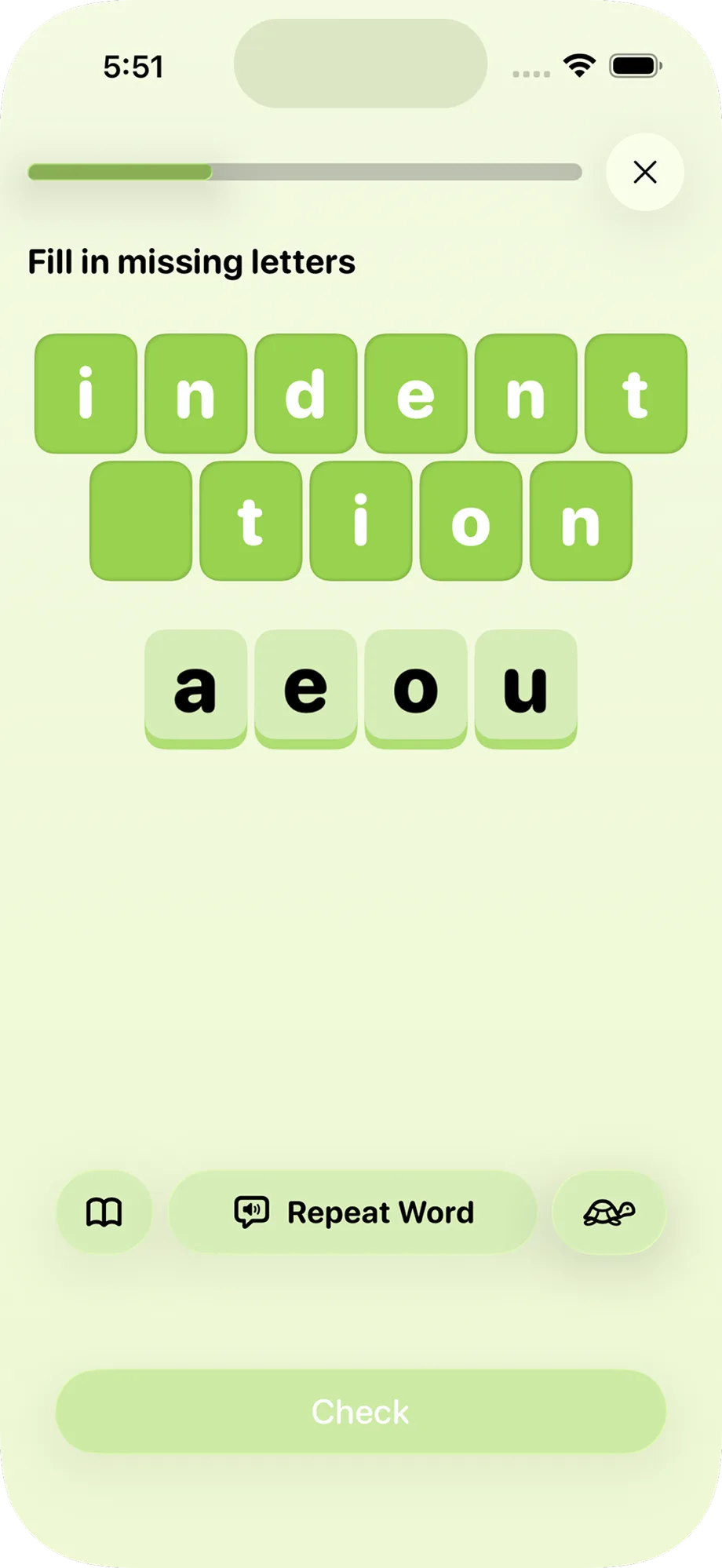 Beezone spelling practice screen with pronunciation support